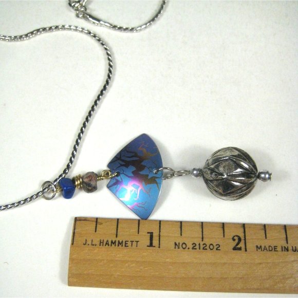 UPCYCLED Silvertone Chain Necklace 18 Inch Pendant Dangle Iridescent Statement - Picture 3 of 7